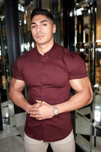 Load image into Gallery viewer, Father Sons Super Slim Stretch Burgundy Denim Short Sleeve with Metal Decal Emblem - FS629
