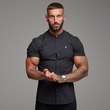 Load image into Gallery viewer, Father Sons Super Slim Stretch Classic Black Grandad Collar Short Sleeve - FS173
