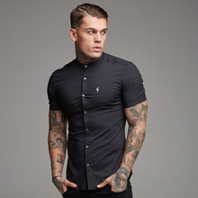 Load image into Gallery viewer, Father Sons Super Slim Stretch Classic Black Grandad Collar Short Sleeve - FS173
