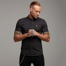 Load image into Gallery viewer, Father Sons Super Slim Stretch Classic Black Grandad Collar Short Sleeve - FS173
