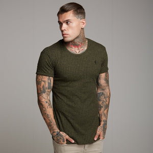 Father Sons Classic Khaki Ribbed Knit Super Slim Long Line Crew - FSH172