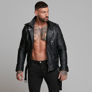 Father Sons Black Leather Jacket with Belt Detail - FSH313