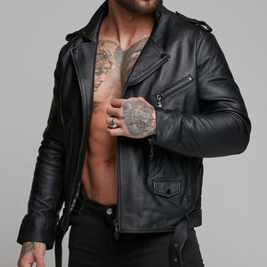 Father Sons Black Leather Jacket with Belt Detail - FSH313