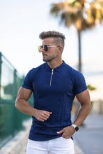 Load image into Gallery viewer, Father Sons Classic Navy and Gold Zip Knitted Short Sleeve Polo Shirt - FSH417
