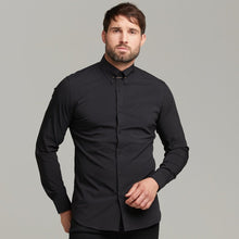 Load image into Gallery viewer, Father Sons Classic Black Stretch Shirt with Gold Pin Collar - FS569
