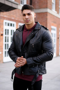 Father Sons Black Leather Jacket with Belt Detail - FSH313